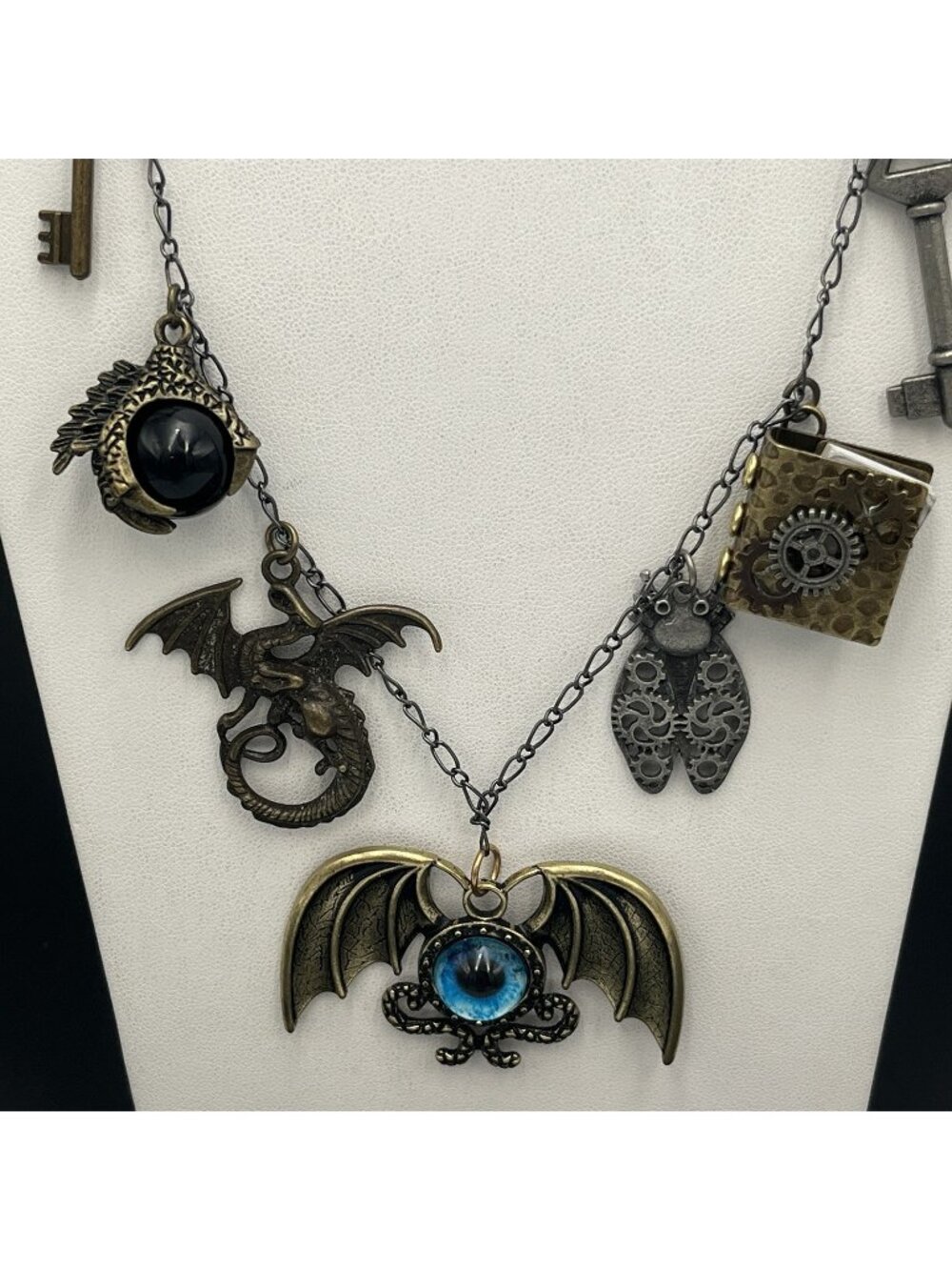 Medieval Fantasy Dragon Charm Necklace Steampunk Bat Wing Eyeball Gothic OOAK
